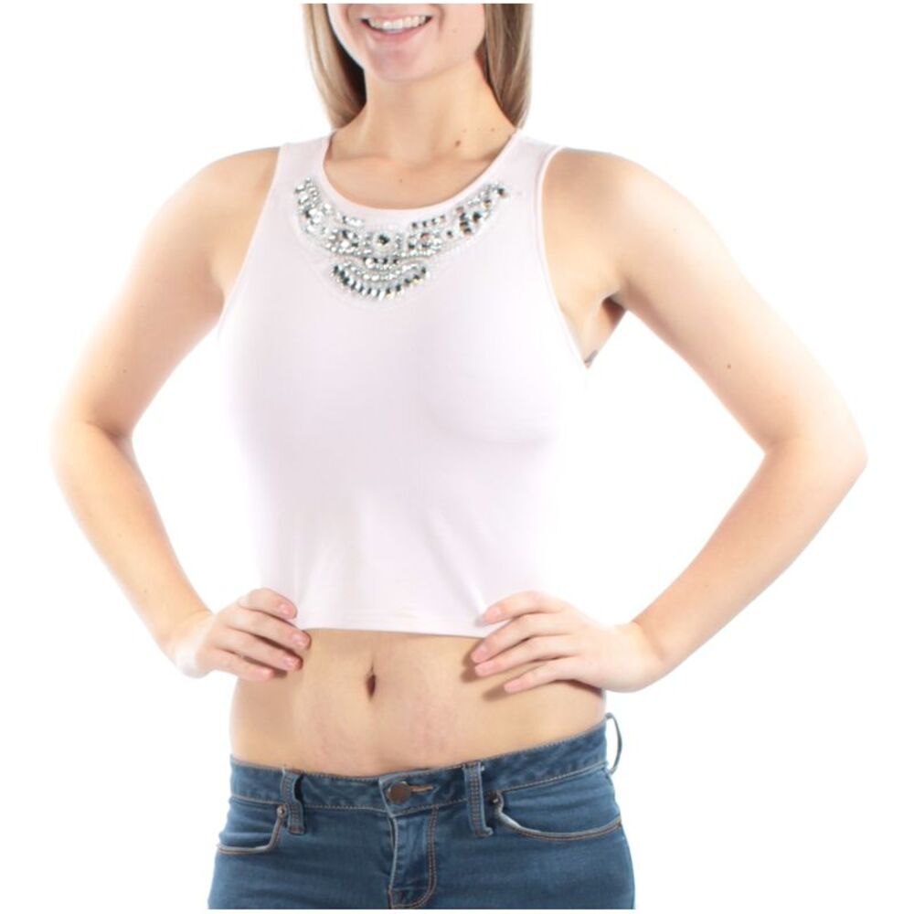 NWT IN AWE Womens Pink Beaded Sleeveless Jewel Neck Crop Top S